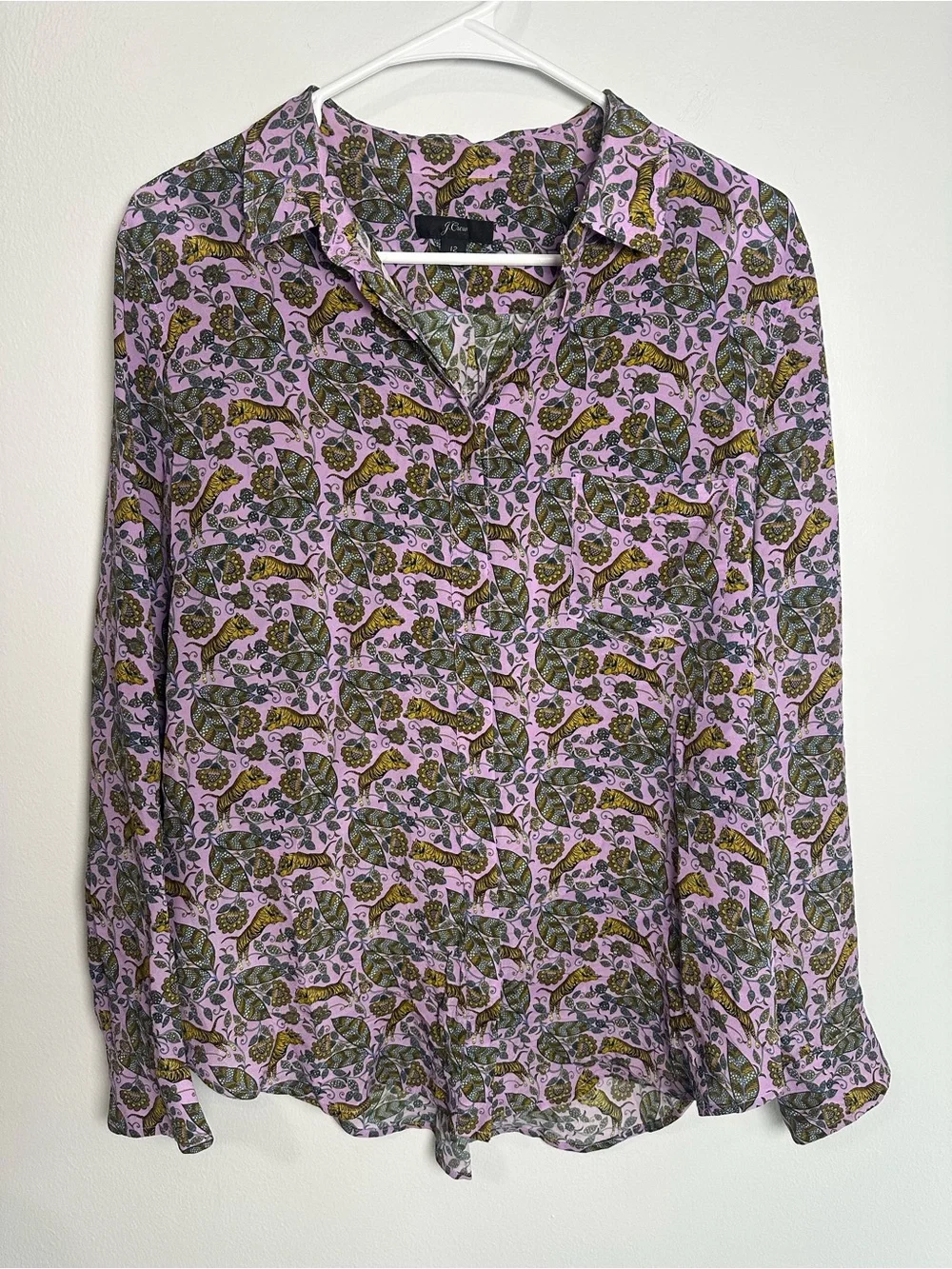 J. Crew 100% silk Lavender Tiger Floral Button-Down Shirt Size 12